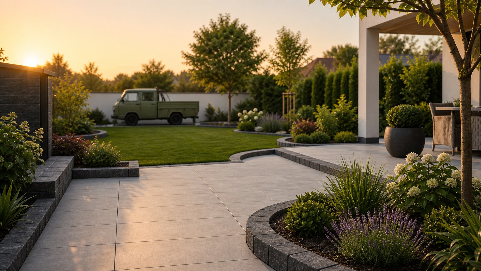 Gepflegter Garten mit Natursteinterrasse, Rasenfläche und Beeten in der Abendsonne