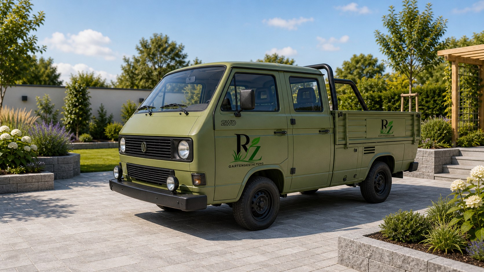 Firmenfahrzeug von Renaldo Zörner Gartenbau – olivgrüner Pritschenwagen mit RZ-Logo