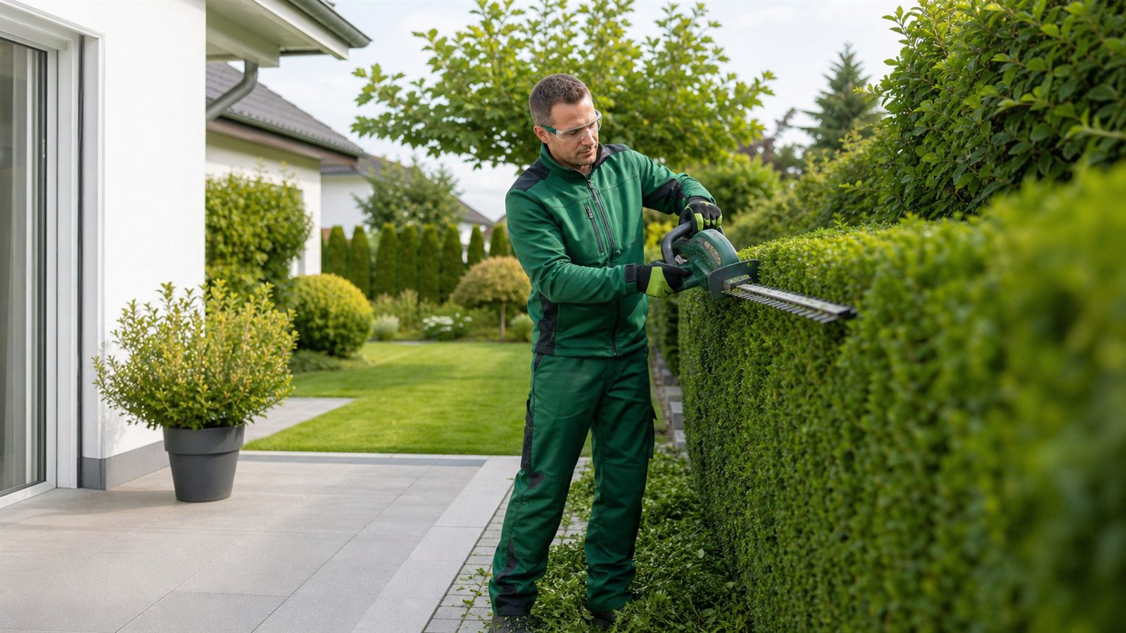 Heckenschnitt mit der Heckenschere bei der Gartenpflege