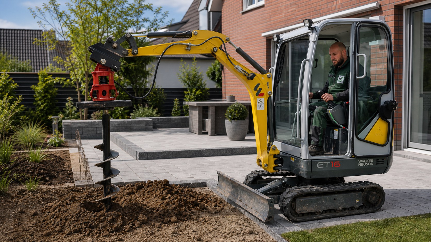 Minibagger mit Erdbohrer setzt ein Pflanzloch im Garten